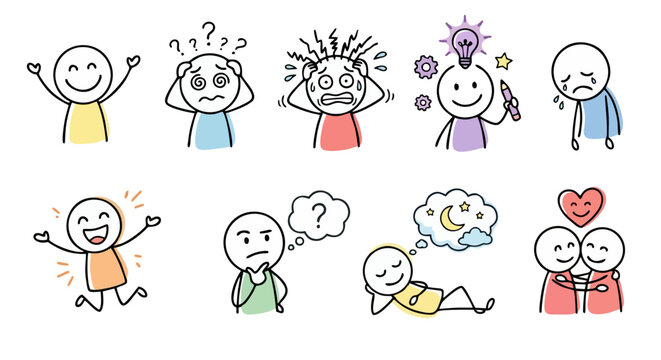 Cute Colorful Stick Figure Emotion Set &mdash; Happy, Confused, Stressed, Creative, Sad, Excited, Thinking, Dreaming and Love Couple Doodle Character Vector Illustration