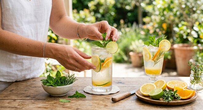 Hands styling citrus herbs and sparkling mocktails for a clean summer entertaining scene
