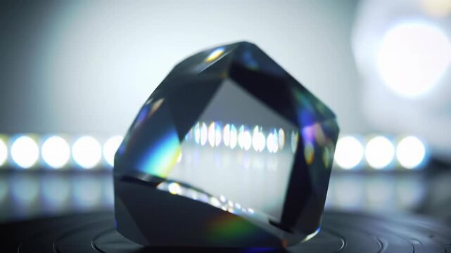 Abstract crystal sculpture rotates, refracting light into vibrant rainbow hues with bokeh on a gradient background, macro dolly video. Futuristic luxury concept