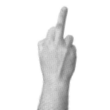 Indecent middle finger gesture. Retro halftone fuck you hand flipping the bird. Bold dotted pop art collage, trendy Y2K vintage newspaper style, isolated on transparent background. Vector.