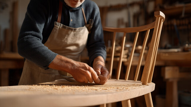 Close-up hands of a senior male carpenter smoothing a curved oak chair arm in a dusty workshop, sawdust catching the afternoon light, apron pockets full of chisels, evoking craftsmanship heritage, s