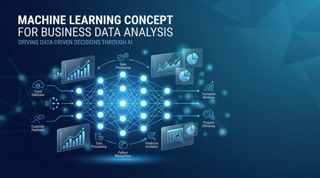 Abstract artificial intelligence infographic with deep learning nodes, financial charts, and predictive analytics symbols on blue background.