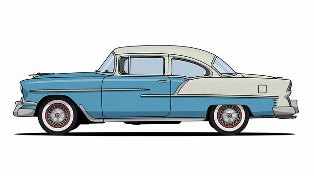 A detailed illustration of a classic 1950s Chevrolet Bel Air in two-tone paint, with the main body in light blue and the roof and rear quarter panels in white