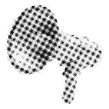 Halftone textured megaphone in retro pop art style. Black and white vintage dotted collage, loud speaker for announcement and protest. Isolated on transparent background. Vector.