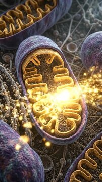 Mitochondrion actively generating intrinsic cellular energy, a vibrant organelle exhibiting complex metabolic function, producing essential adenosine triphosphate for life.
