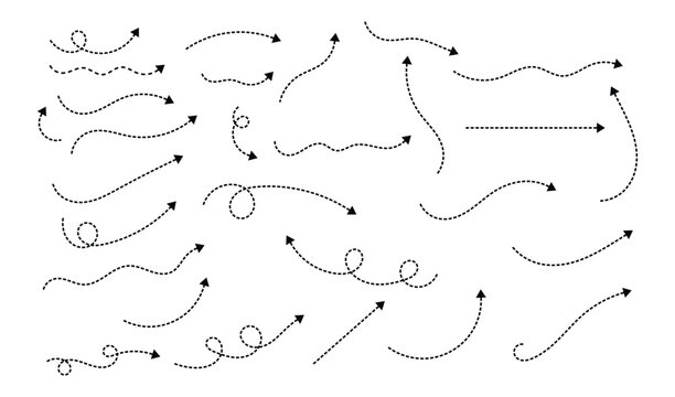 Hand drawn dashed arrow collection. Curved doodle direction line set. Abstract navigation arrow elements.