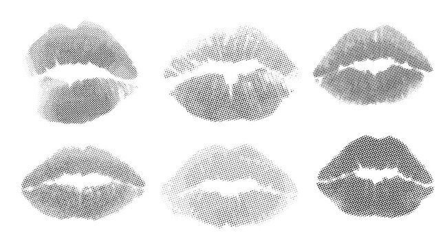 Halftone lipstick marks. Black and white retro dotted pop art style kisses and lip prints. Vintage collage texture, high contrast, isolated on white background. Vector illustration.