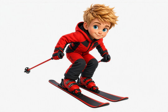 A young skier in a red‑and‑black winter outfit moves downhill in a dynamic stance, showing speed, balance, and energetic action against a clean white background.