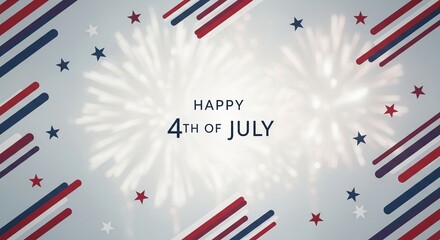 Fototapeta premium Happy 4th of July greeting with fireworks and patriotic stars and stripes graphic elements on a light background, celebrating American Independence Day with festive design.