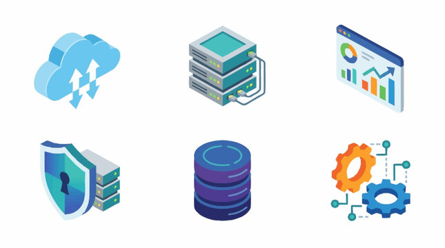 Set of isometric icons representing technology and data management.
