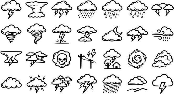 Weather, Climate, and Natural Disaster Hand-drawn Black and White Line Art Icons Set