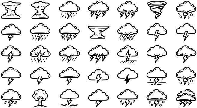 Black and White Line Art Weather Icons - Clouds, Thunderstorms, Tornado, Snow