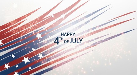 Obraz premium Happy 4th of July greeting with abstract American flag stripes, stars, and fireworks on a light background, patriotic celebration graphic design