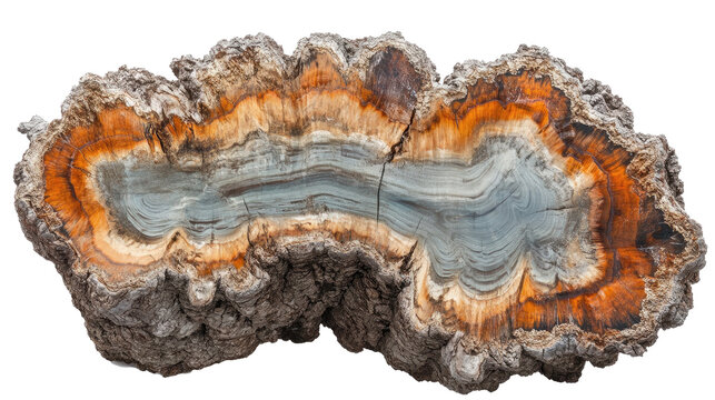 Geode slice with orange and gray bands on transparent background
