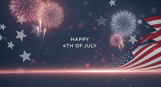 Happy 4th of July patriotic background with American flag waving and fireworks exploding in a dark blue night sky with stars and bokeh lights, celebratory festive atmosphere