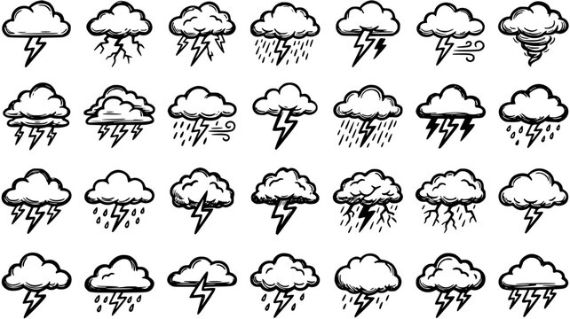 Weather Icons Set: Black and White Line Art of Clouds with Lightning, Rain, and Wind