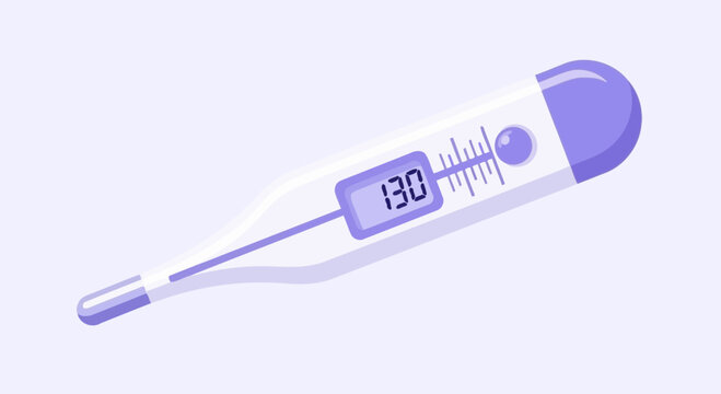 Digital Thermometer Illustrating Elevated Temperature Displayed On A Screen With Purple Accents