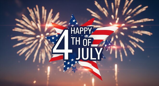 Happy 4th of July text overlay with American flag stars and stripes design against a backdrop of celebratory fireworks exploding in the night sky with lens flares and bokeh effects.