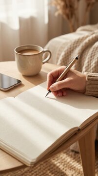 Faceless Woman Writing in Journal with Pencil and Coffee Cup on Cozy Knit Blanket, Slow Morning Ritual