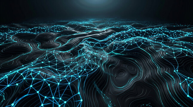 Futuristic abstract digital network landscape with glowing blue lines and nodes forming grid over dark undulating terrain, immersive data connectivity visualization for technology, AI and virtual mapp