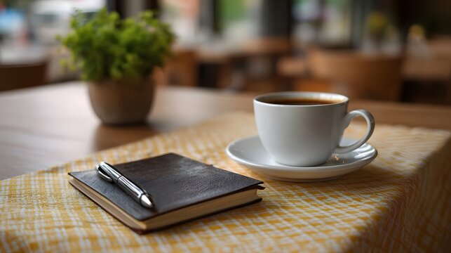 A still life composition featuring a notebook pen and cup of coffee set on a woven patterned table at a cafe