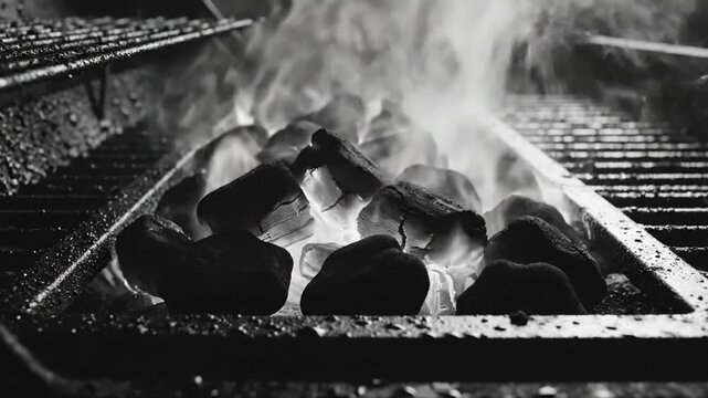 Black and white close up of burning charcoal briquettes, creating smoke and flames inside of a barbecue grill