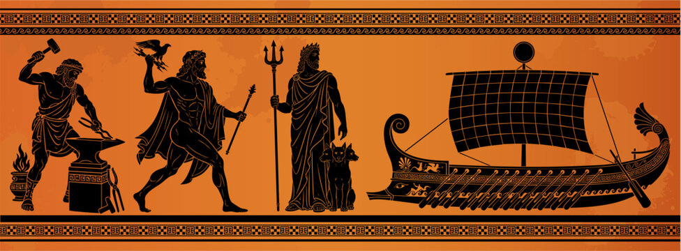 Ancient Greek gods Hephaestus, Zeus and Hades with trireme ship. Mythology black figure silhouettes on antique amphora pottery vector illustration