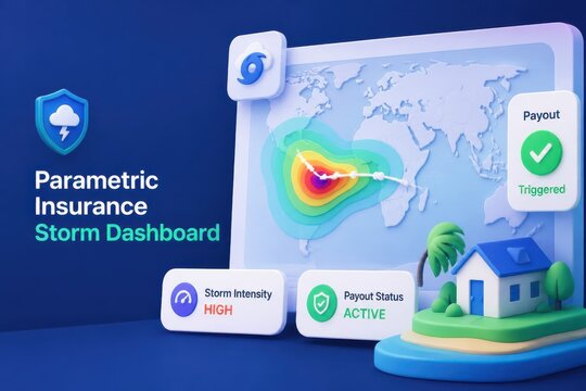Parametric insurance storm dashboard with payout trigger map analytics and protected house concept