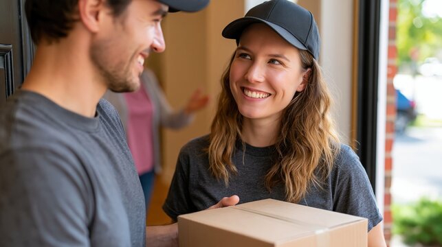 Female delivery worker handing package to smiling homeowner at entryway