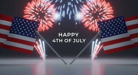 Obraz premium Two American flags wave against a backdrop of red and blue fireworks and the text 