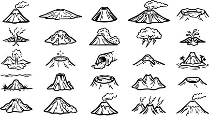 Obraz premium Black and White Line Art Icons of Volcanoes, Showing Eruptions and Craters