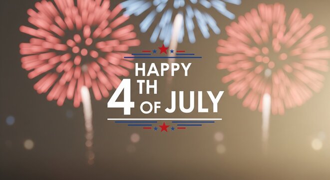 Happy 4th of July text overlay with red and blue fireworks exploding in a dark night sky with bokeh lights, patriotic celebration concept