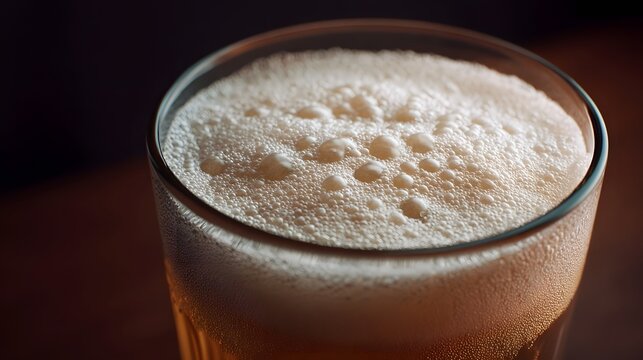 A detailed close up view of rich creamy foam crowning a refreshing amber beverage served in a transparent glass against a dark background