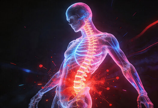 Human skeleton anatomy with glowing spine and lower back pain, nerve ache, sciatica inflammation and health problems, woman suffering.