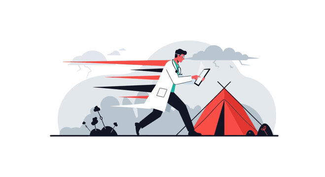 Emergency Doctor Rushing To Assist Patients Under Crisis Situation Near Tent