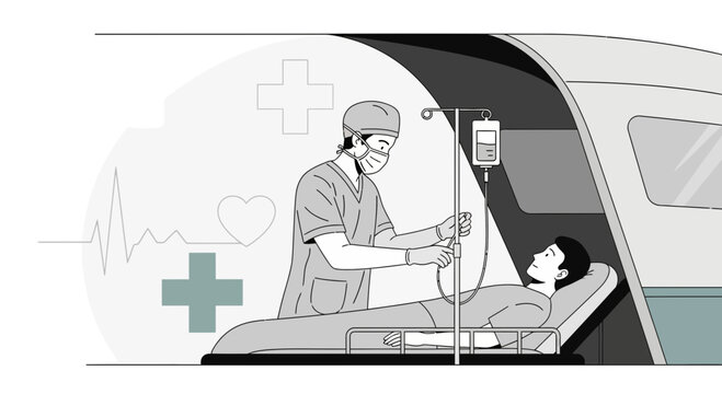 Emergency Medical Care in a Mobile Unit, Healthcare Professionals Assist Patient