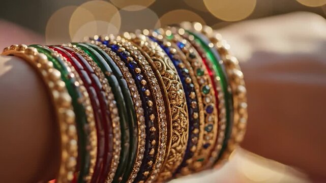 Vibrant indian bangles on a wrist adorned with gold red green blue and intricate designs reflecting cultural heritage and festive jewelry
