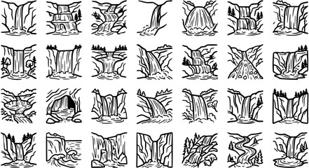 Black and White Line Art Waterfalls Collection. Nature Landscape River Cascades, Mountain Scenery and Outdoor Adventure Outline Illustrations Set. © pixsource