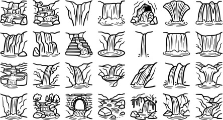 Nature Waterfalls Black  White Line Art Vector Illustrations Set - Diverse River Cascades, Streams, and Water Flow Designs © pixsource