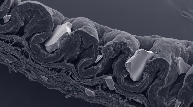 High Resolution Micrograph of Daphnia Gut Structure with Microplastics Ion-Abrasion Scanning Electron Micrograph Aquatic Toxicology