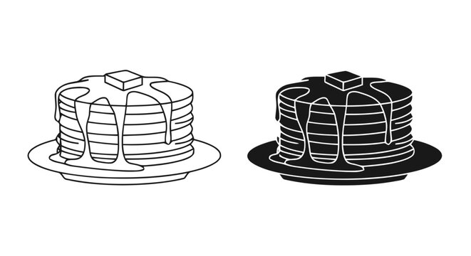 Vector illustration of stack of pancakes with butter and syrup, line art and silhouette icons on a transparent background