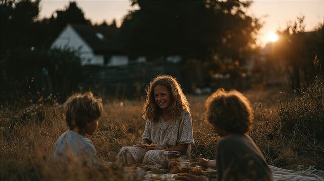 Woman and two children having picnic at sunset in grassy field. Family enjoying outdoor meal on blanket with fresh food. Rural countryside bonding and relaxation in warm evening light