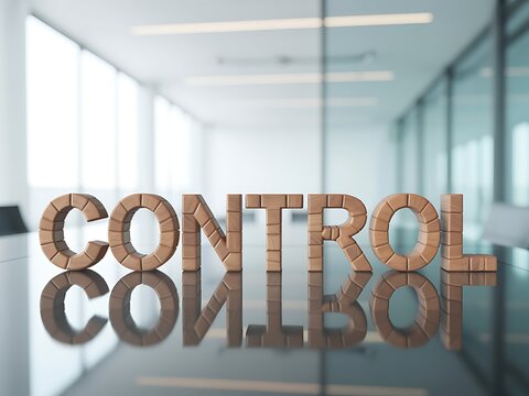 Wooden blocks spelling control in modern office space with glass walls and reflection