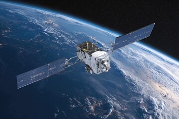 Fototapeta premium Satellite orbiting Earth with solar panels extended during day over illuminated city lights