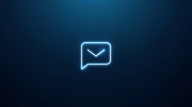 neon blue speech bubble icon with checkmark on dark background