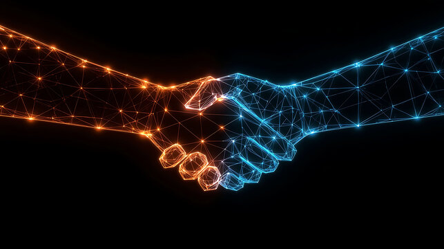 neon handshake between two people made of glowing lines and dots on black background