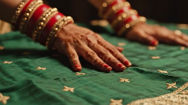 Close up of woman's hands with henna and jewelry on green fabric with gold stars