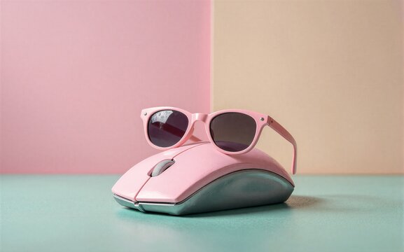 Pink mouse with sunglasses pastel backdrop. Tech meets style in cozy