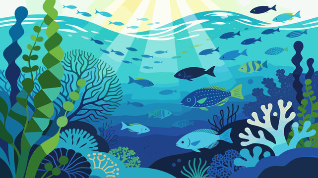 Vibrant underwater scene teeming with diverse marine life and lush coral reefs bathed in sunlight.