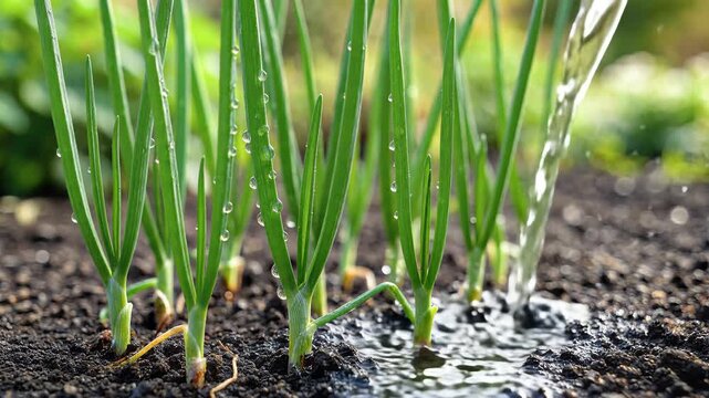 Closeup of young green onion plants growing in dark soil with water droplets.